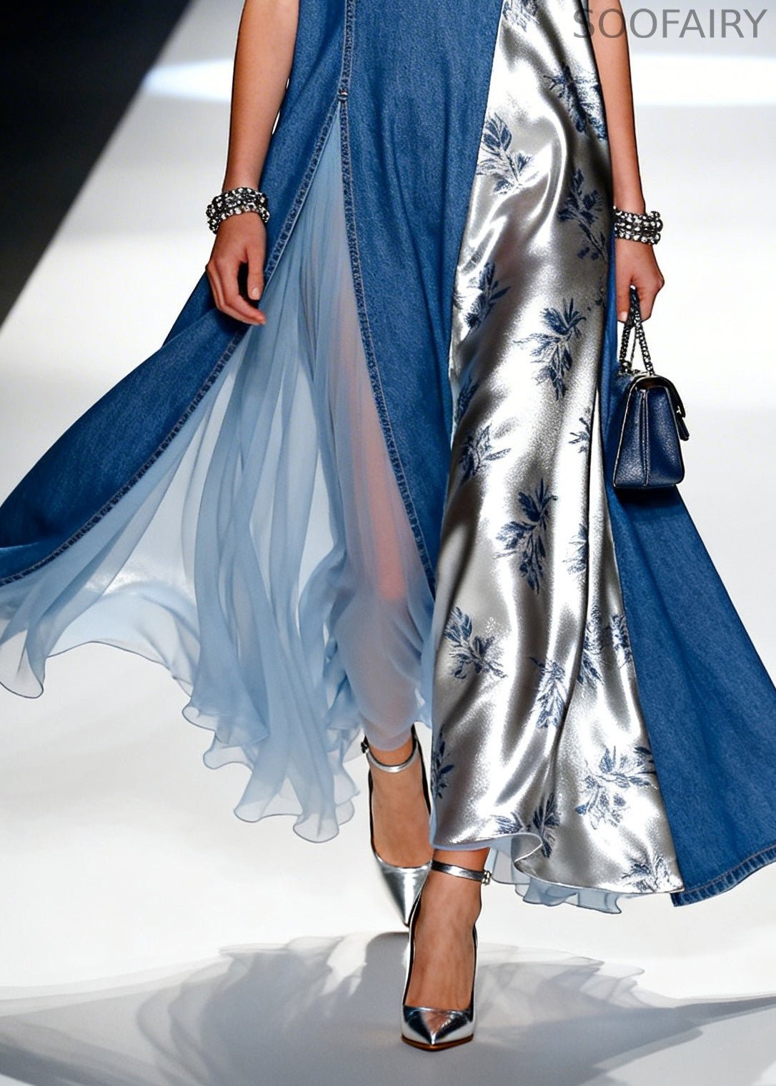 Blue Patchwork Denim Holiday Dress Asymmetrical Design Sleeveless