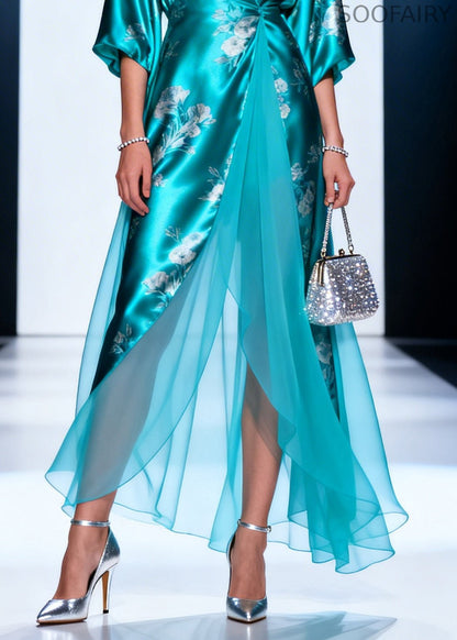 Lake Blue Print Tulle Patchwork Silk Long Dresses Summer