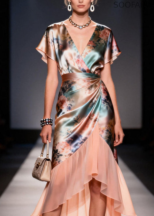 V Neck Ruffled Print Patchwork Silk Dresses Summer