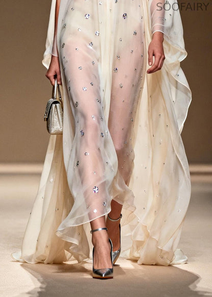 White Rhinestone Cold Shoulder Chiffon Sheer Dress Summer