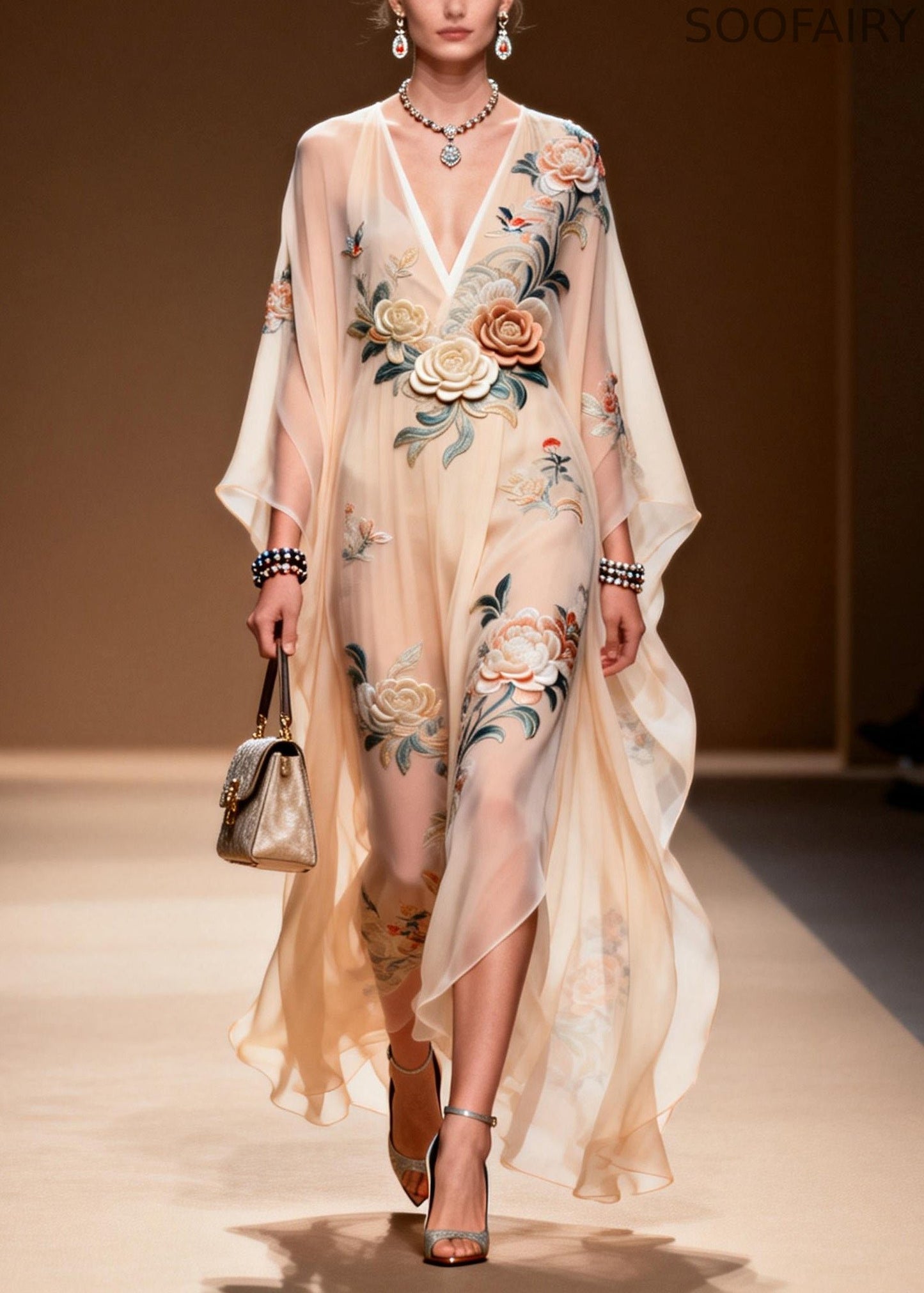 V Neck Print Wrinkled Chiffon Maxi Dresses Spring