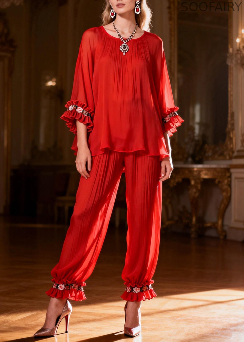 Red Ruffled Two Pieces Set O Neck Spring
