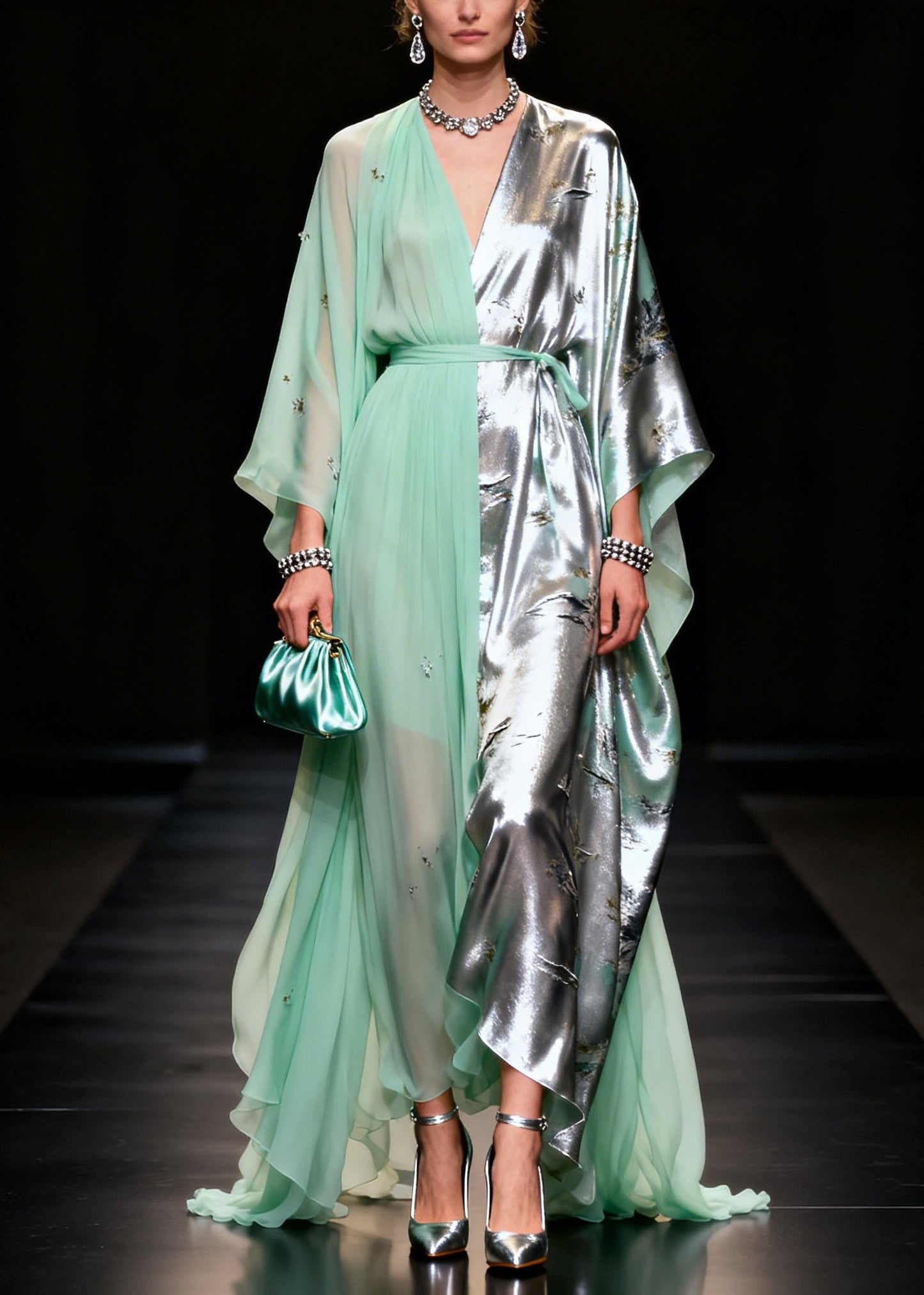 Light Green Asymmetrical Patchwork Jacquard Chiffon Party Dress Summer