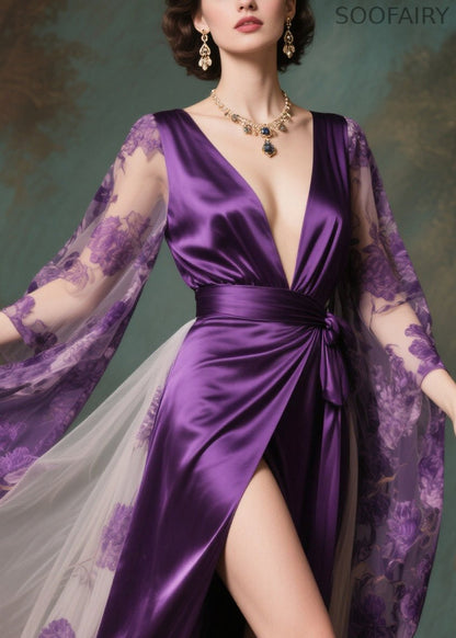 French Purple Exra Large Hem Patchwork Side Open Chiffon Evening Dress Summer