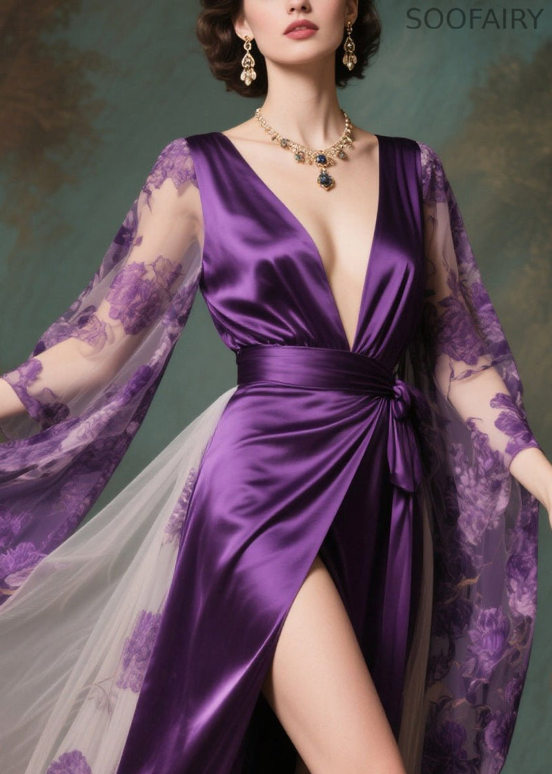 French Purple Exra Large Hem Patchwork Side Open Chiffon Evening Dress Summer