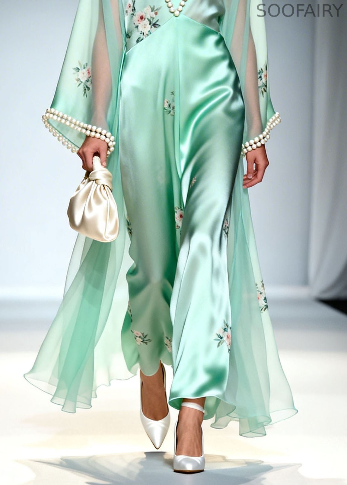 Art Light Green V Neck Print Nail Bead Silk Maxi Dress Summer