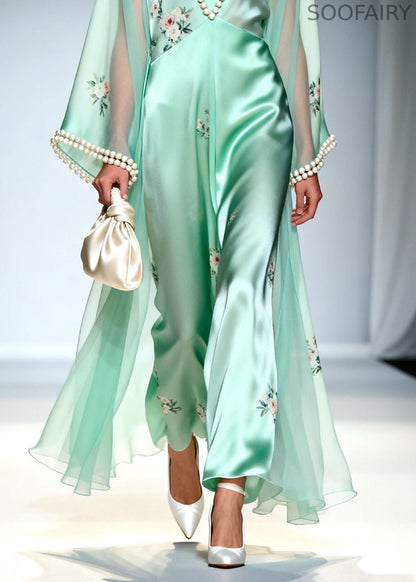 Art Light Green V Neck Print Nail Bead Silk Maxi Dress Summer