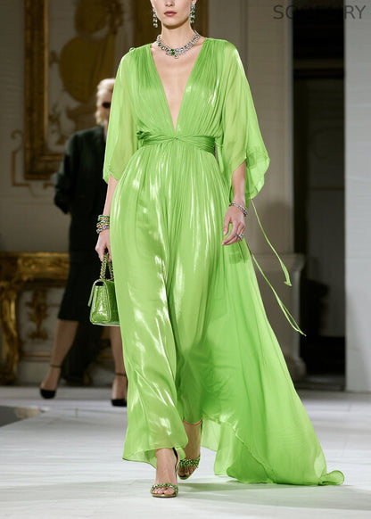 French Green V Neck Wrinkled Chiffon Dress Summer