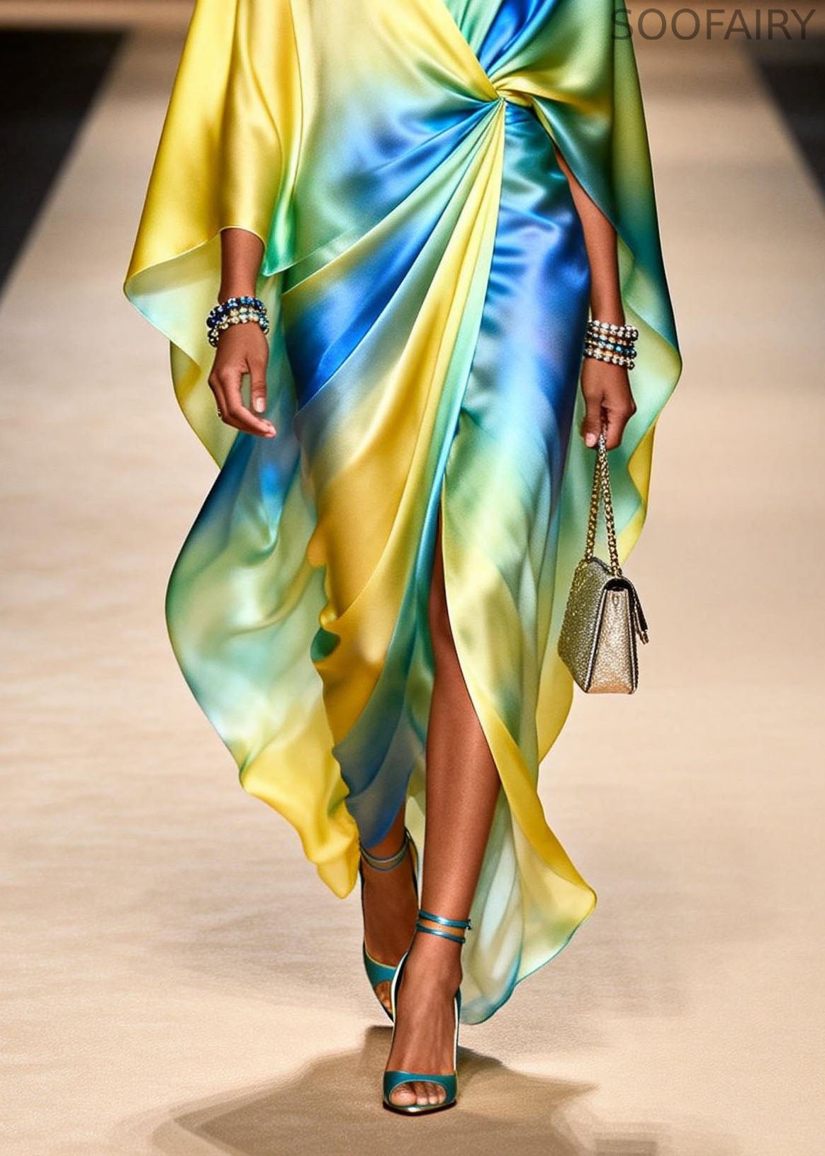 V Neck Tie Dye Side Open Chiffon Dresses Spring