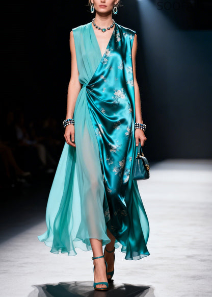 French Blue Asymmetrical Design Chiffon Fake Two Piece Dresses Sleeveless