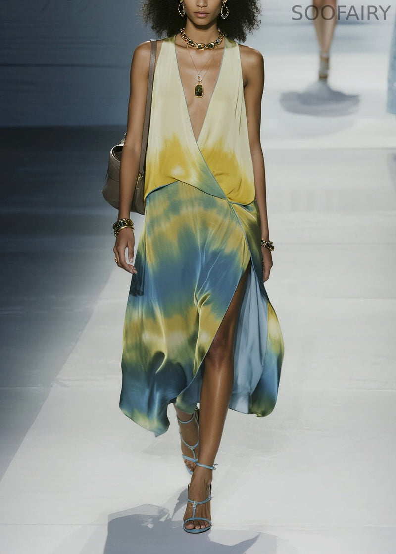 Italian Tie Dye Side Open Chiffon Maxi Dresses Sleeveless