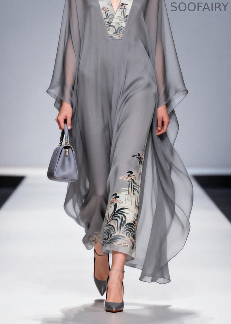 Handmade Grey V Neck Print Patchwork Chiffon Dresses Spring