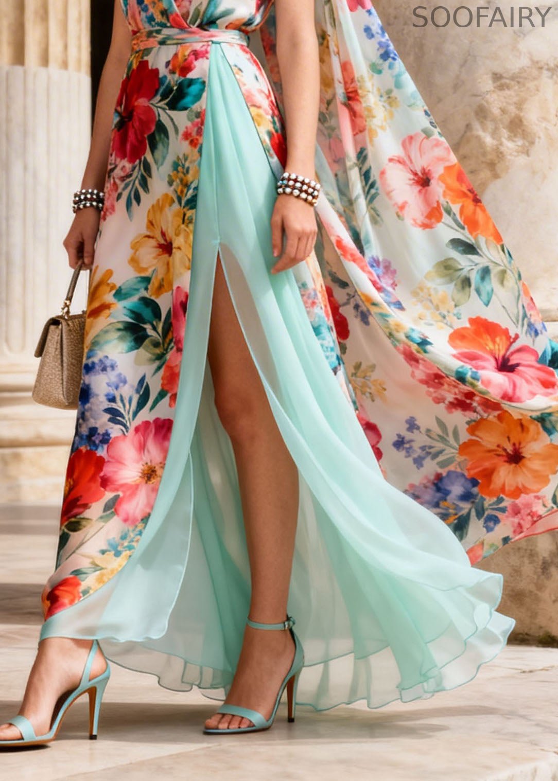 French V Neck Print Side Open Patchwork Chiffon Dresses Summer