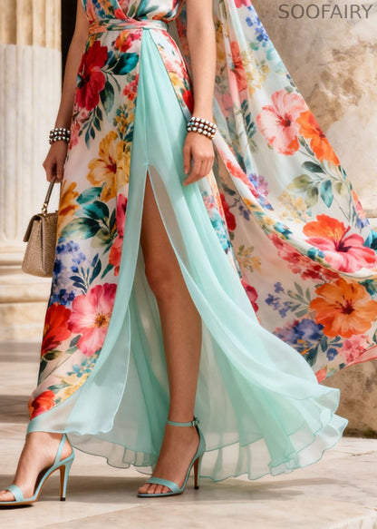 French V Neck Print Side Open Patchwork Chiffon Dresses Summer
