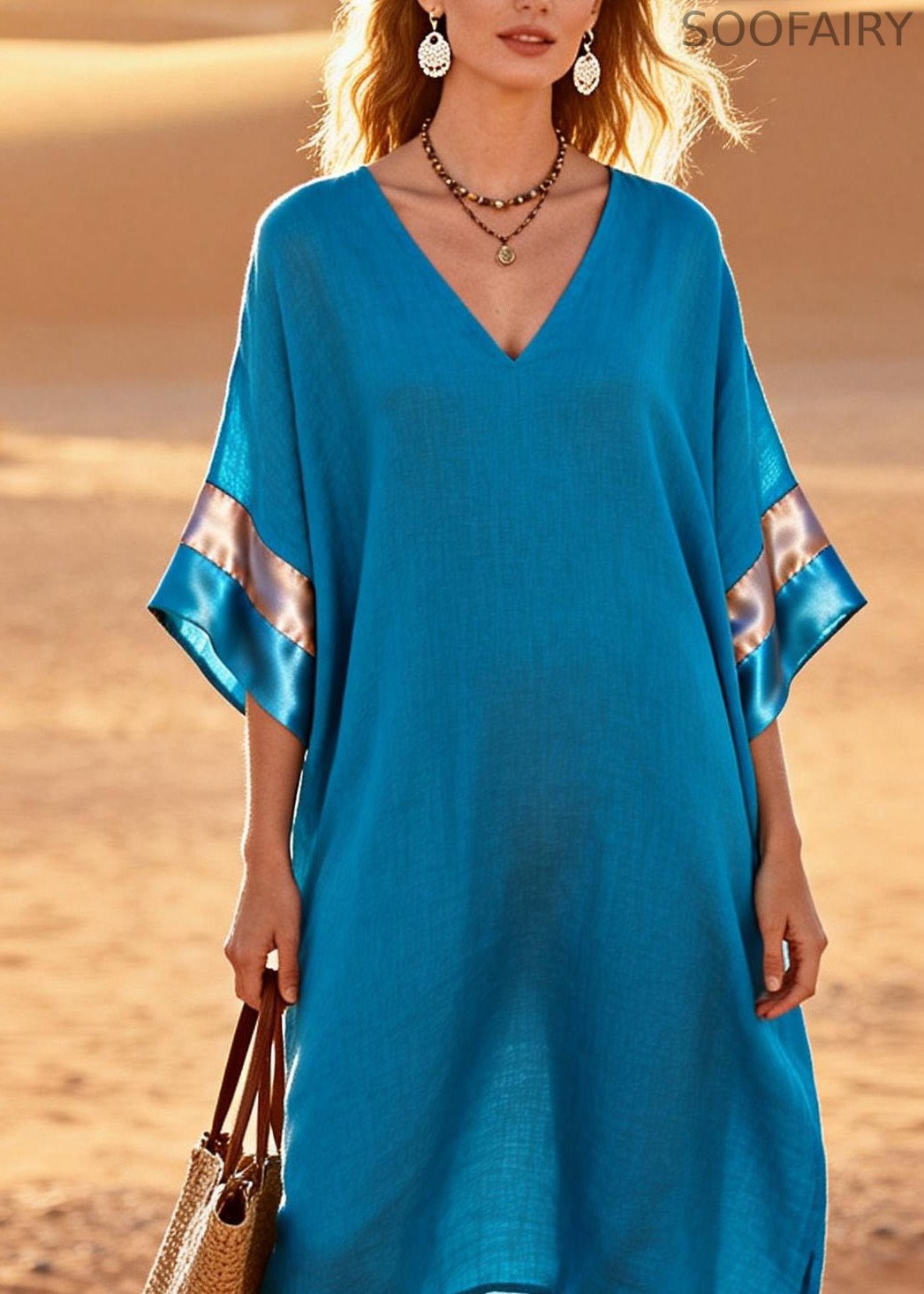 Blue V Neck Patchwork Linen Silk Two Pieces Set Summer