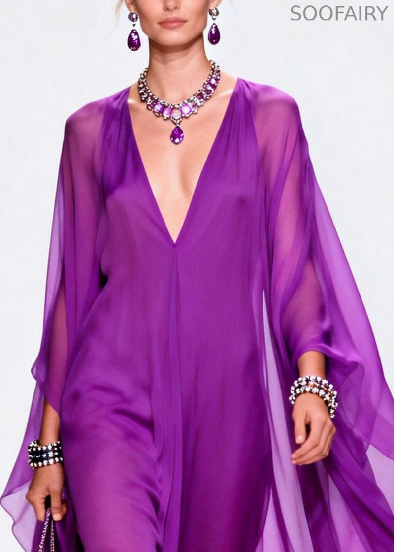 Purple V Neck Exra Large Hem Chiffon Holiday Dress Summer