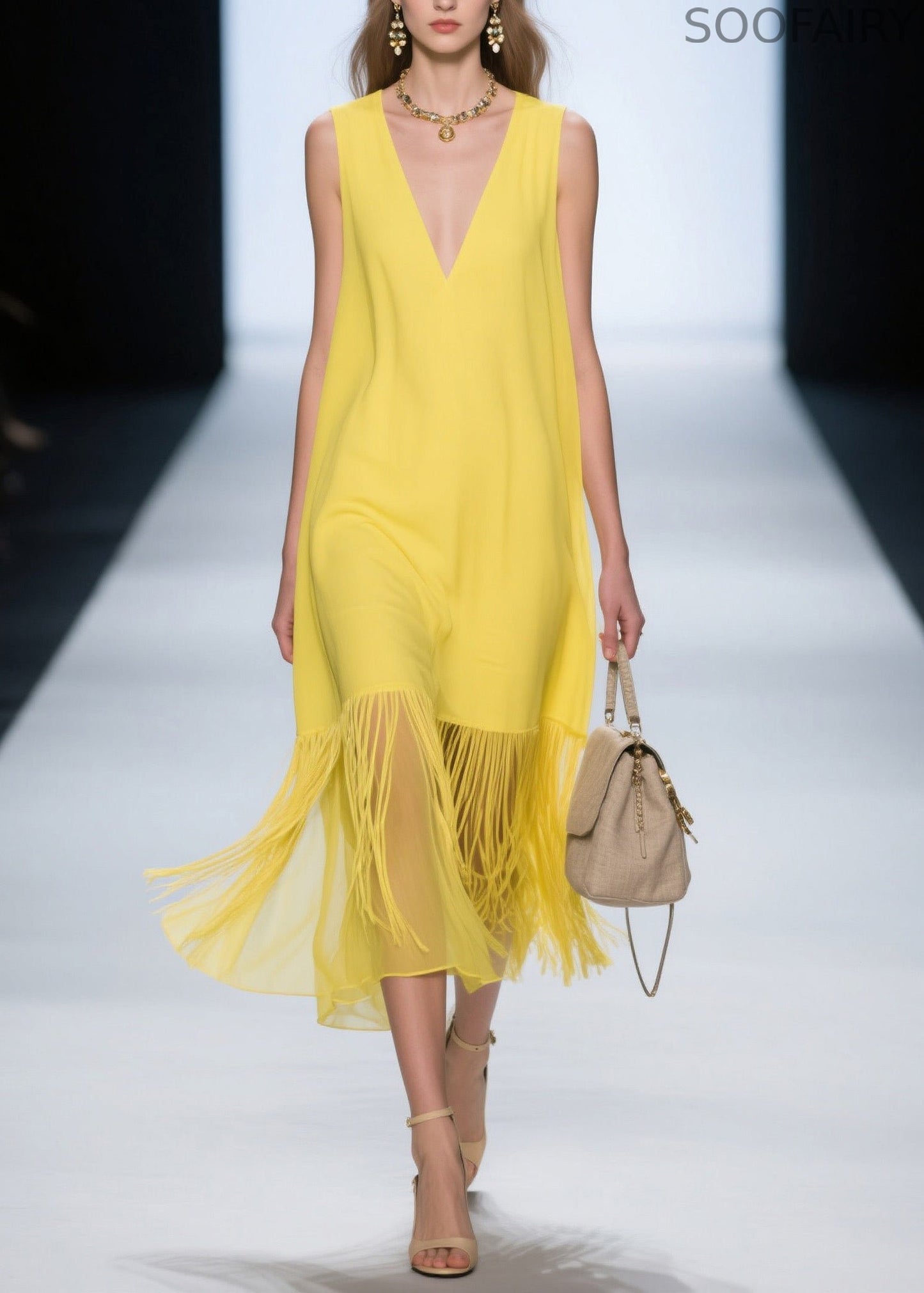 French Yellow V Neck Patchwork Cotton Dress Sleeveless