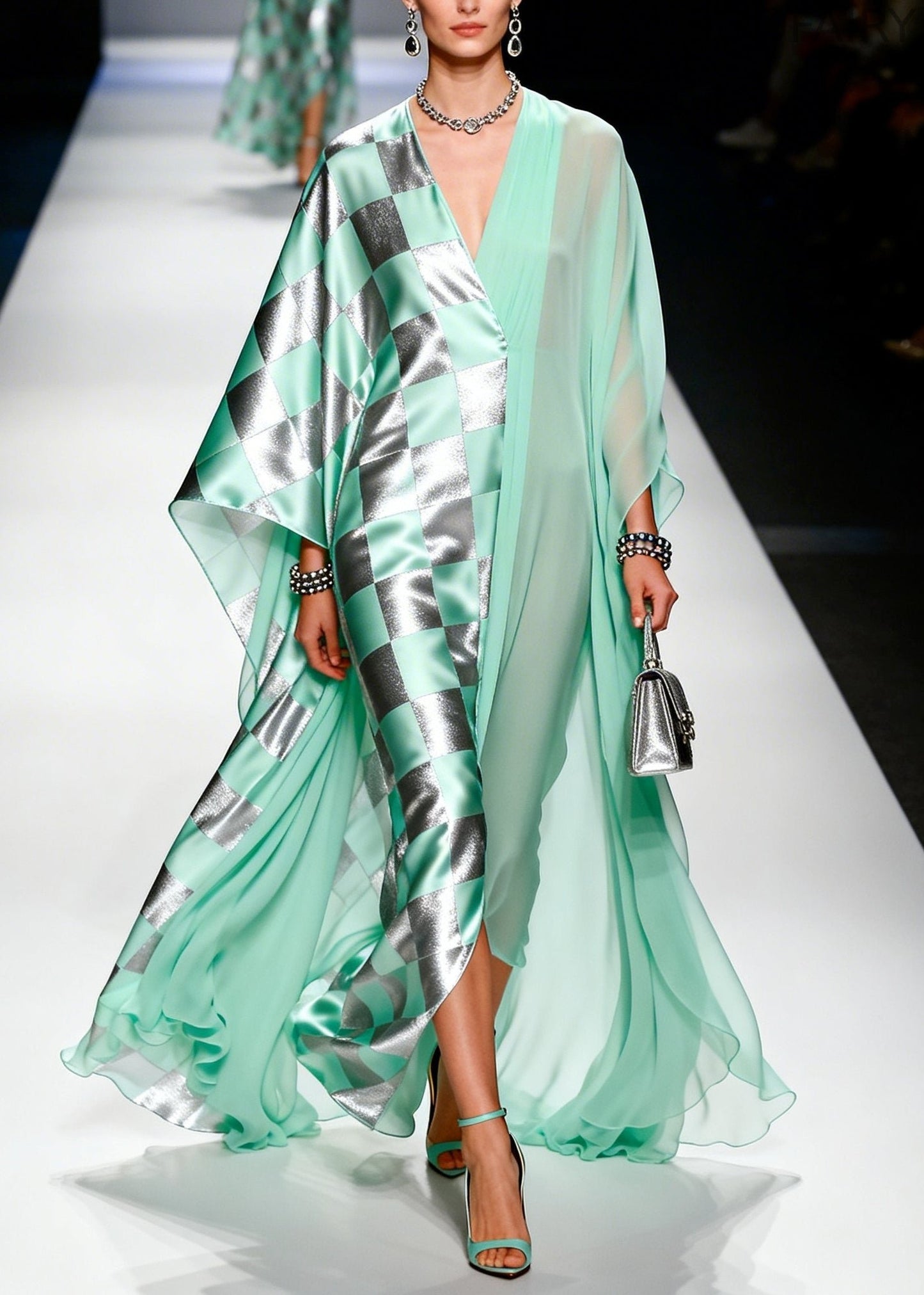 Modern Green Asymmetrical Patchwork Chiffon Party Dress Batwing Sleeve