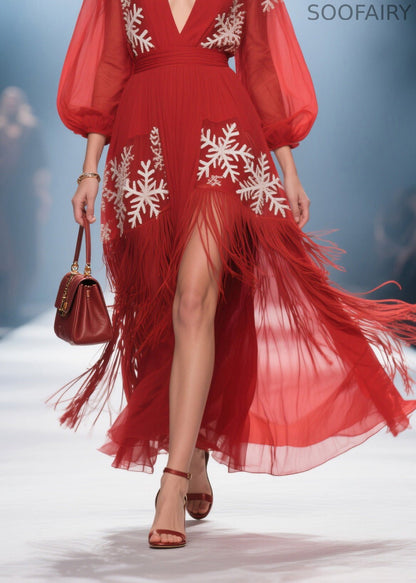 Art Red Print Tassel Patchwork Chiffon Holiday Dress Summer