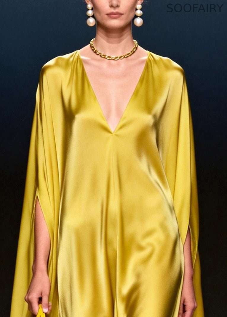 Yellow Oversized Chiffon Vacation Dresses Batwing Sleeve