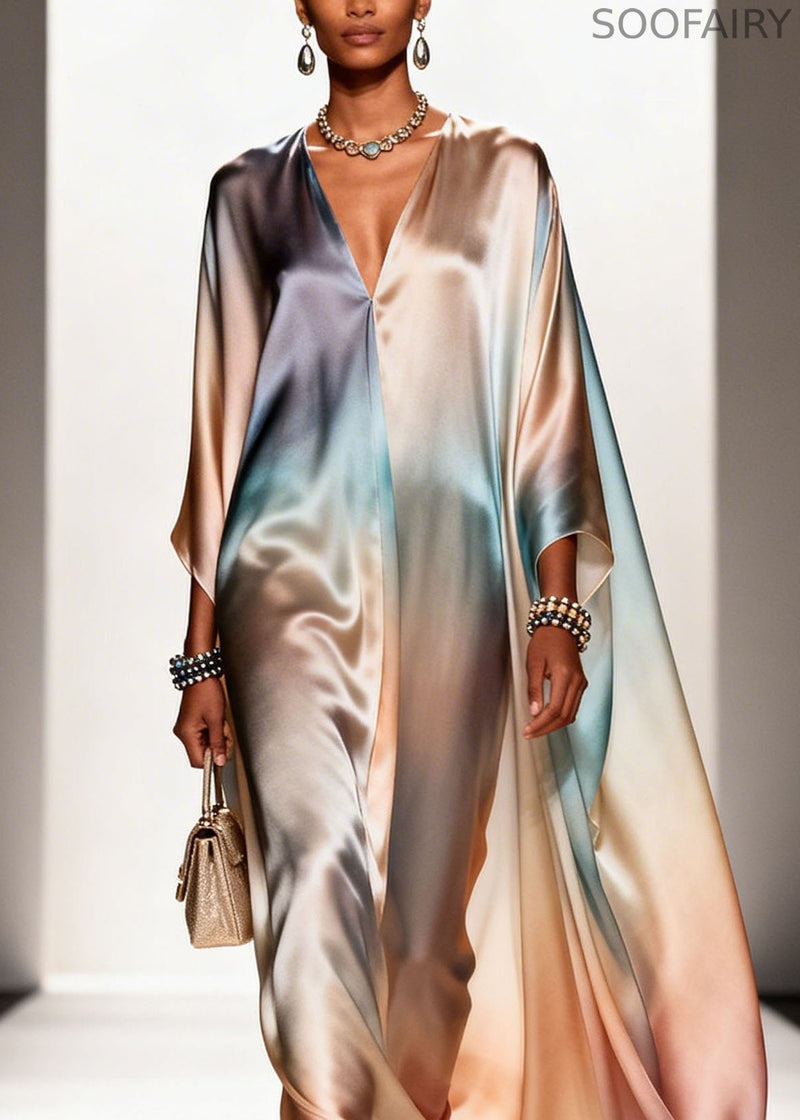 Gradient Color V Neck Chiffon Long Dress Spring
