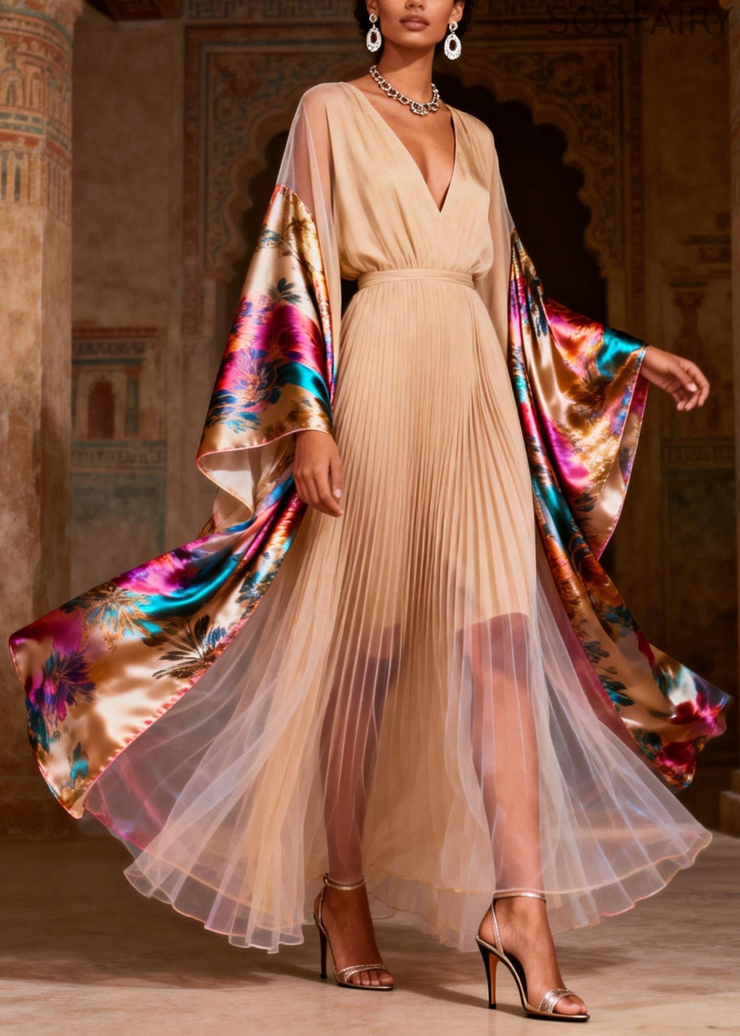 V Neck Print Wrinkled Patchwork Silk Dress Spring
