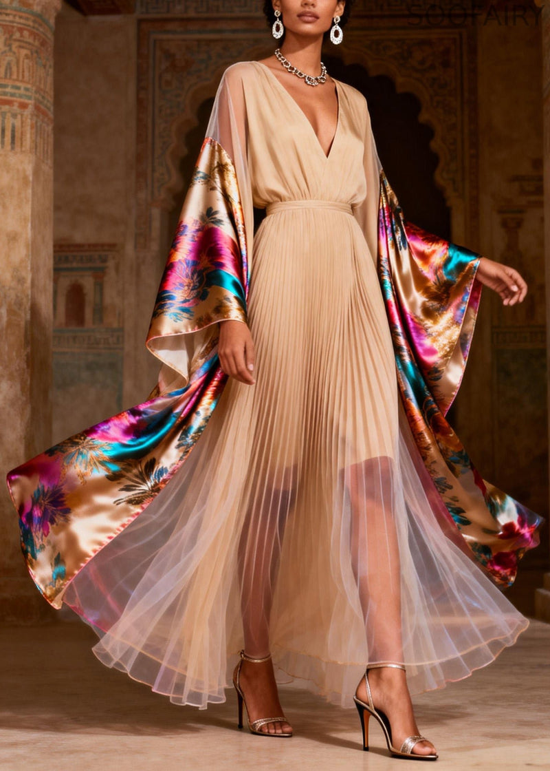 V Neck Print Wrinkled Patchwork Silk Dress Spring