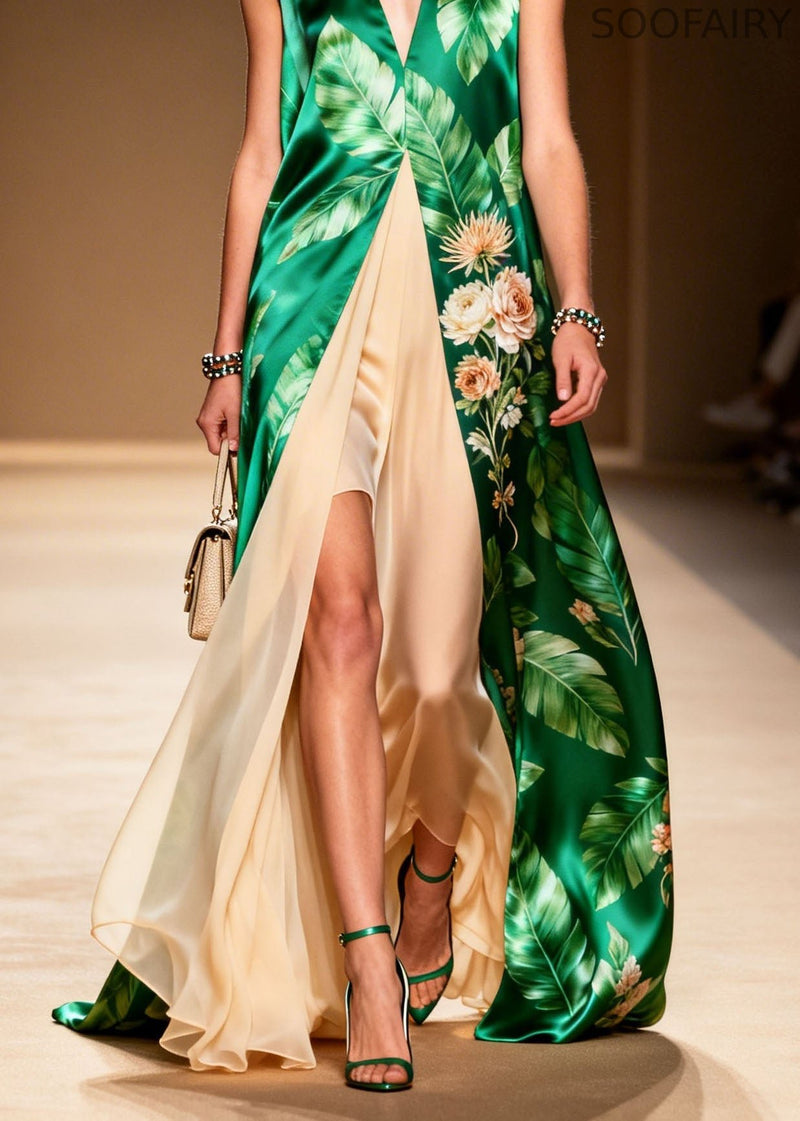 V Neck Print Patchwork False Two Pieces Silk Dress Summer