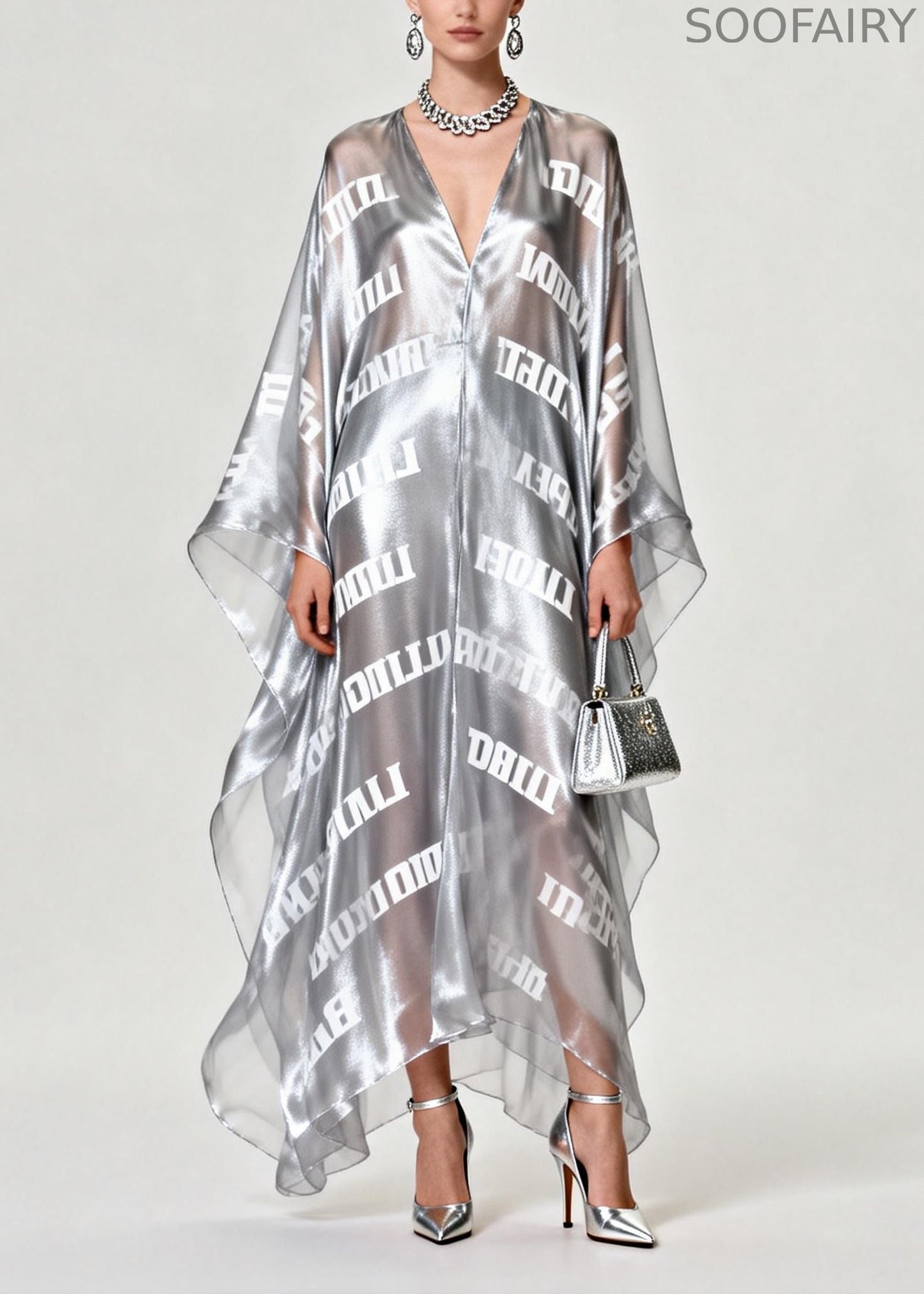 Diy Silvery Oversized Letter Print Chiffon Maxi Dress Summer