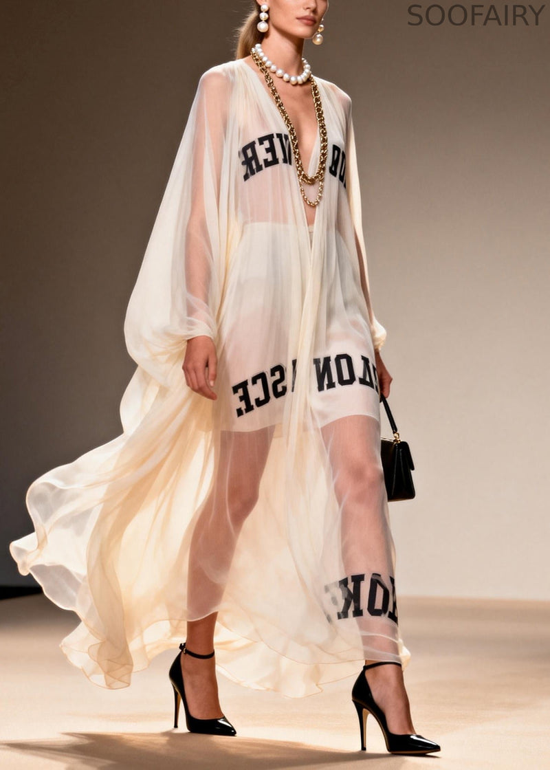 White Oversized Letter Print Chiffon Sheer Dresses Summer