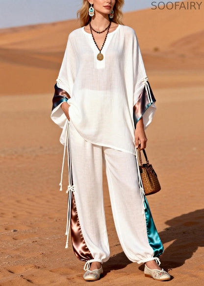 French White V Neck Drawstring Silk Patchwork Two Piece Set Spring