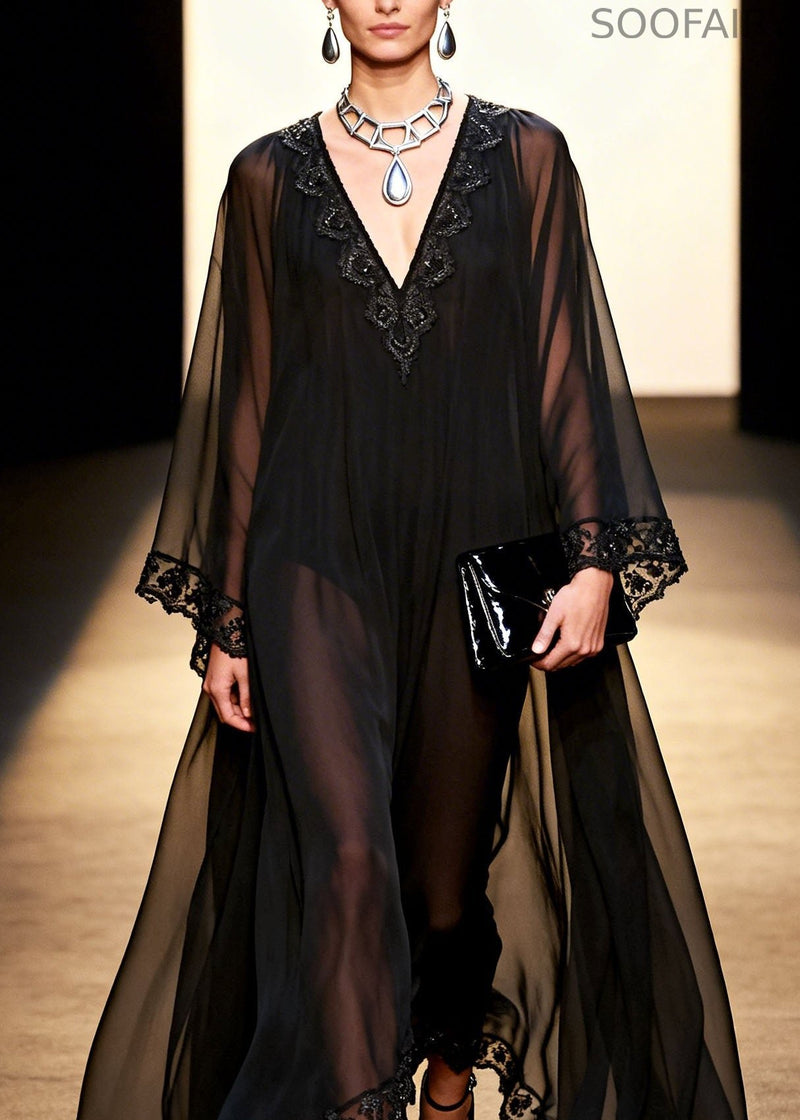 Black V Neck Patchwork Chiffon Holiday Dress Spring