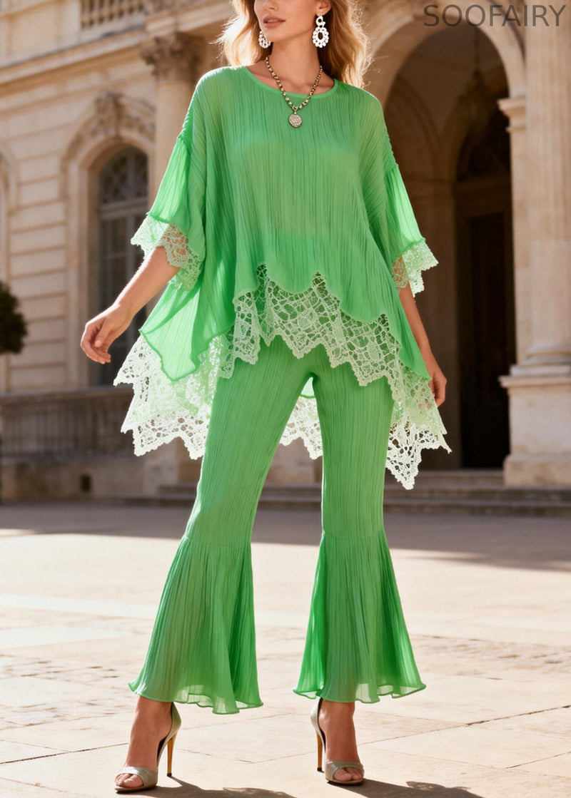 Loose Light Green Low High Design Lace Patchwork Two Piece Set Half Sleeve