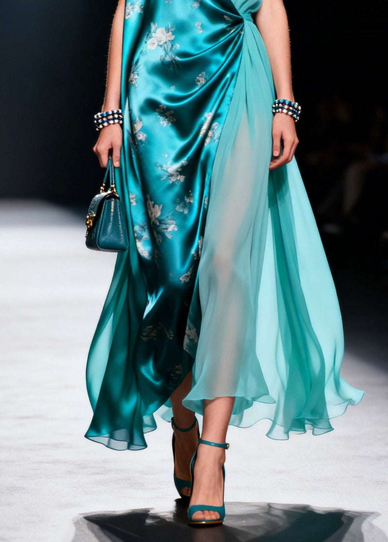 French Blue Asymmetrical Design Chiffon Fake Two Piece Dresses Sleeveless