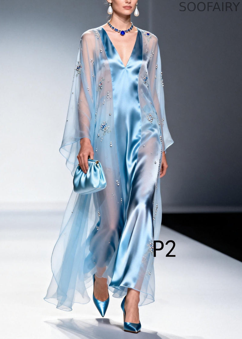 Sky Blue Patchwork Tulle Chiffon Evening Dresses Rhinestone Summer