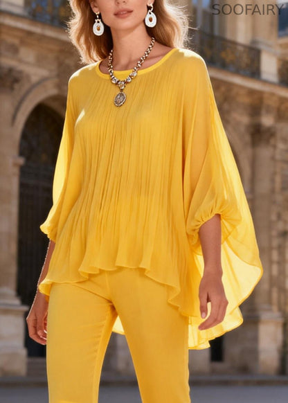 Yellow Wrinkled Two Pieces Set O Neck Bracelet Sleeve