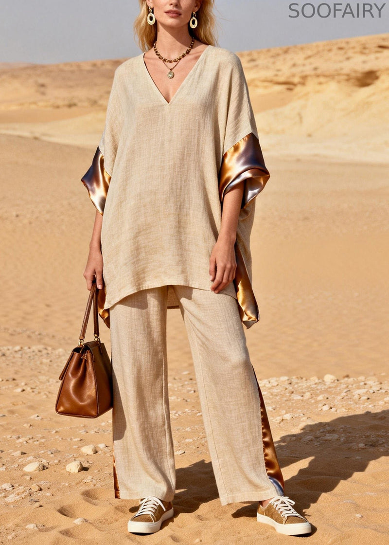 Loose V Neck Patchwork Linen Silk Two Pieces Set Summer