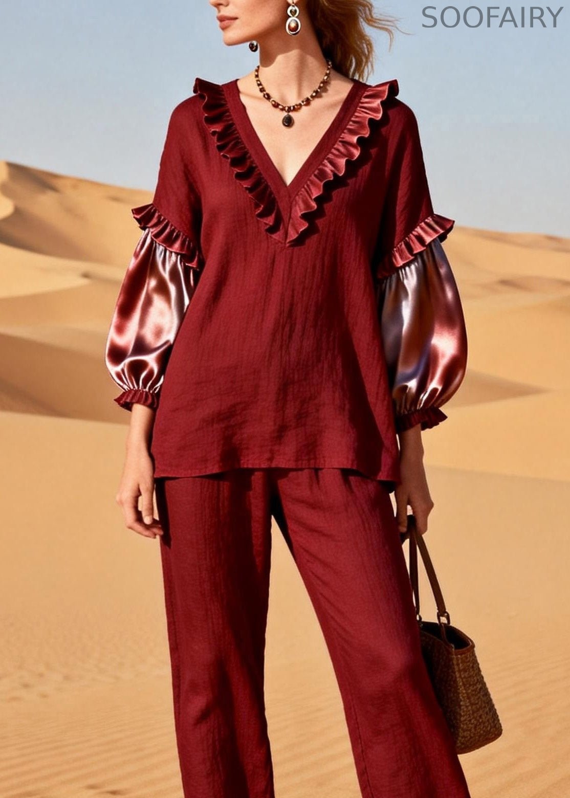 Red Ruffled Silk Patchwork Linen Two Pieces Set Spring