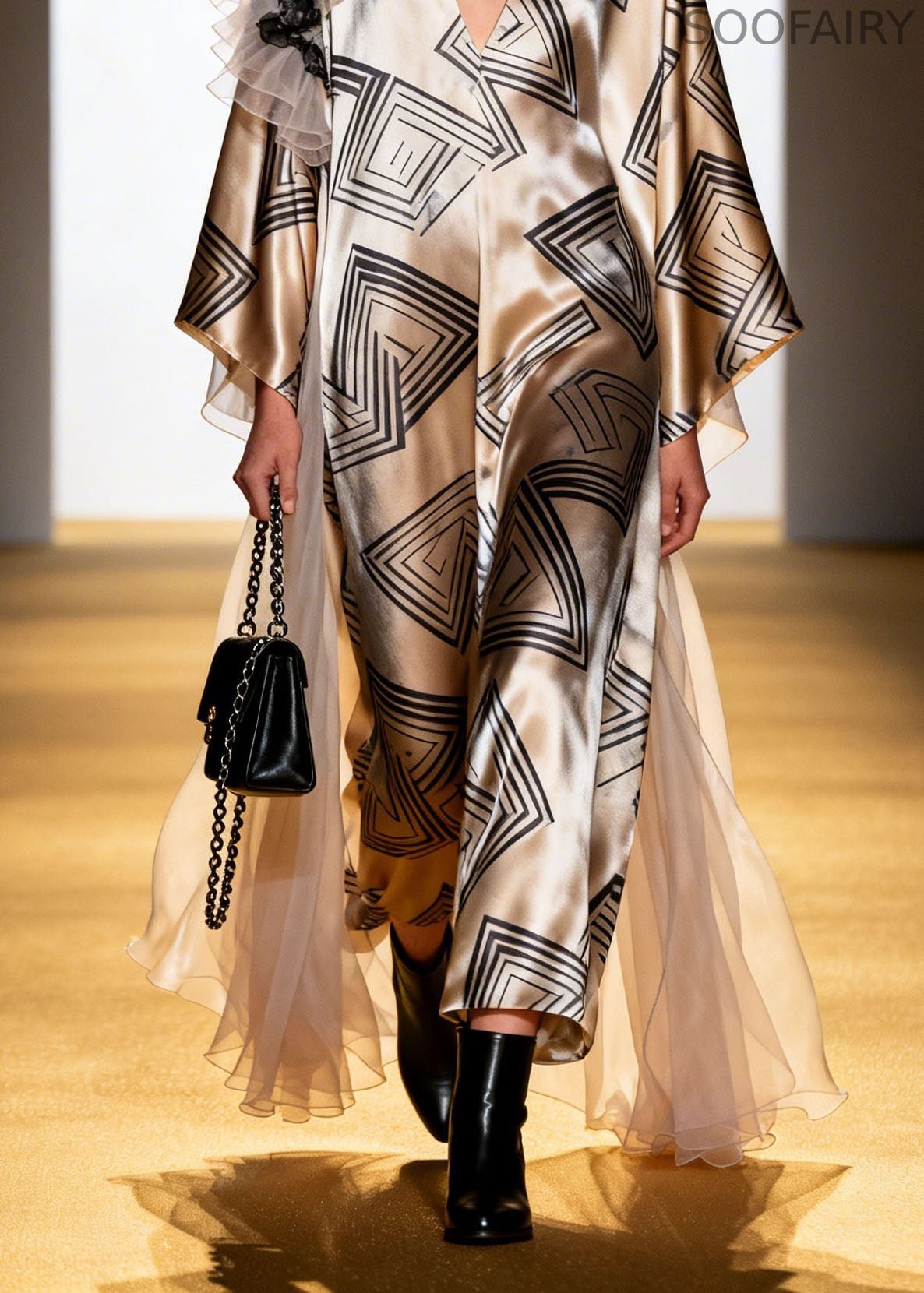 Boutique V Neck Ruffled Patchwork Print Silk Dress Spring