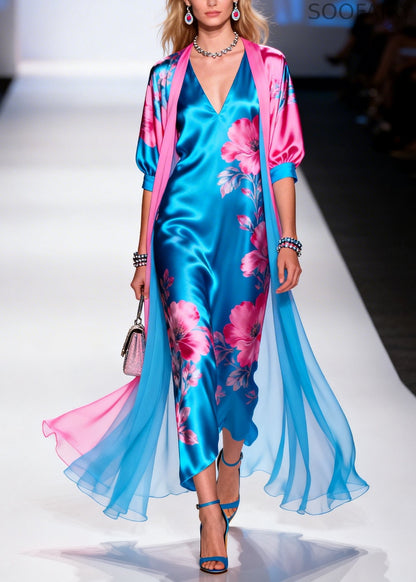 Blue Print Draping Silk Dress and Cardigan Two Pieces Set Summer