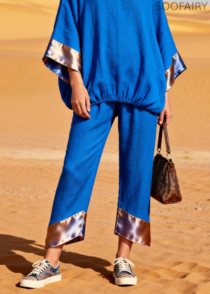 Boutique Blue Top and Pants Silk Patchwork Linen Two Pieces Set Summer
