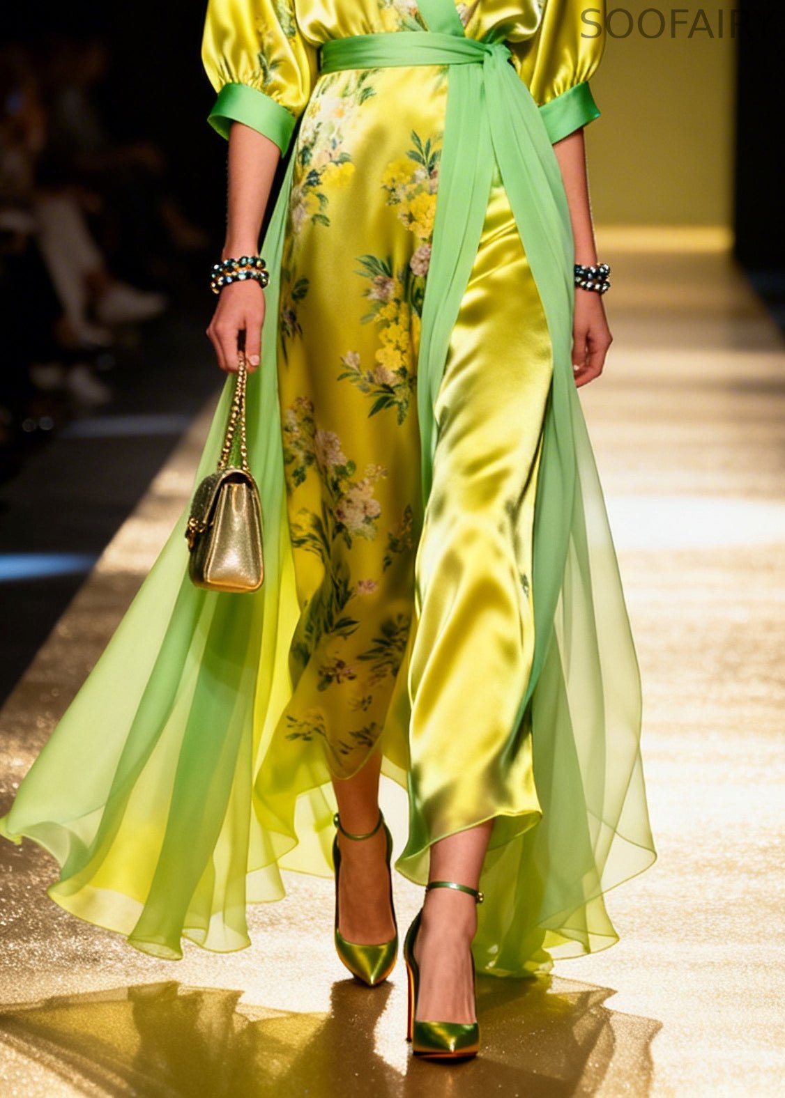 Fitted Grass Green Print Tulle Patchwork Silk Party Dresses Summer
