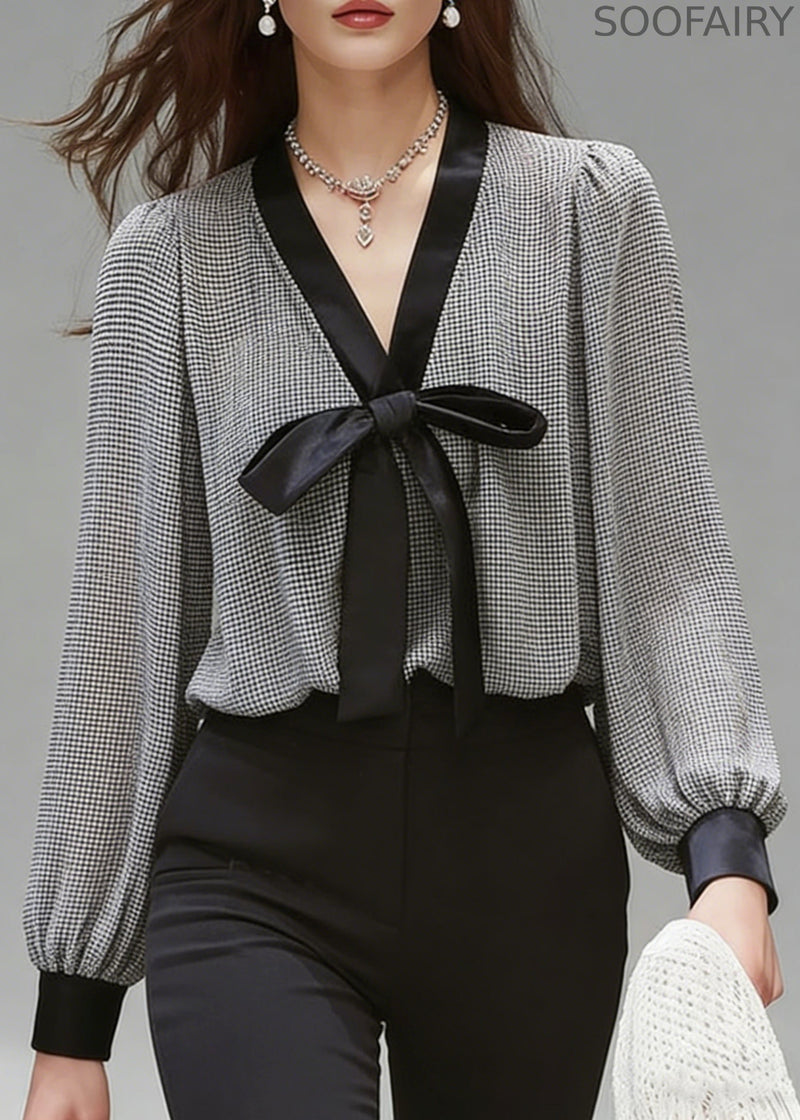 French Black Plaid Bow Chiffon Shirt Top Spring
