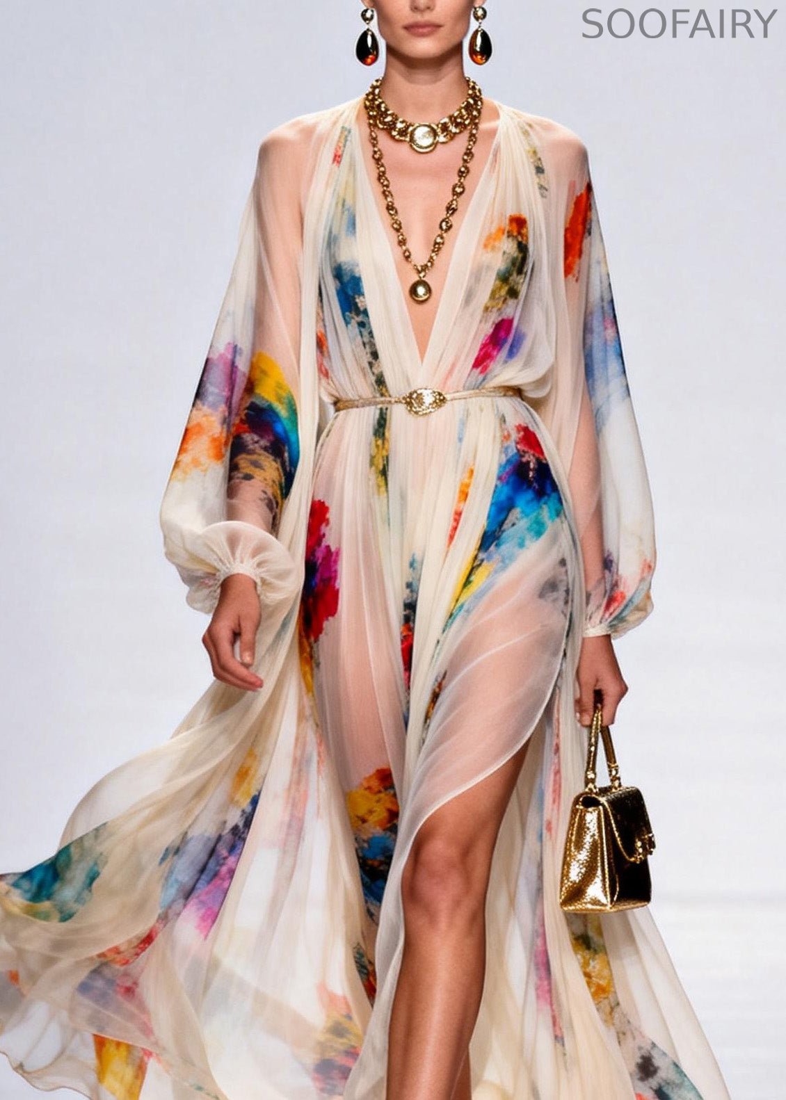 V Neck Side Open Print Cotton Robe Dresses Spring