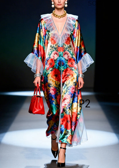 Ruffled Patchwork Multicolored Silk Robe Dresses Summer