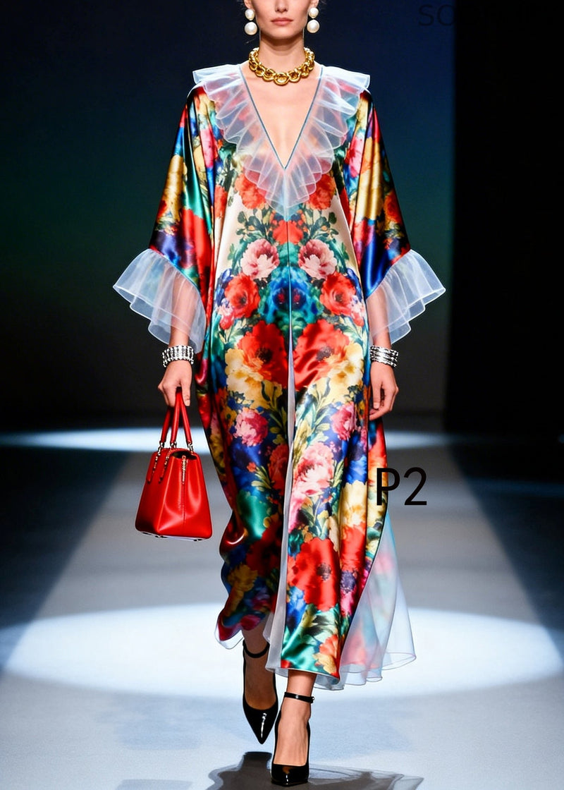 Ruffled Patchwork Multicolored Silk Robe Dresses Summer