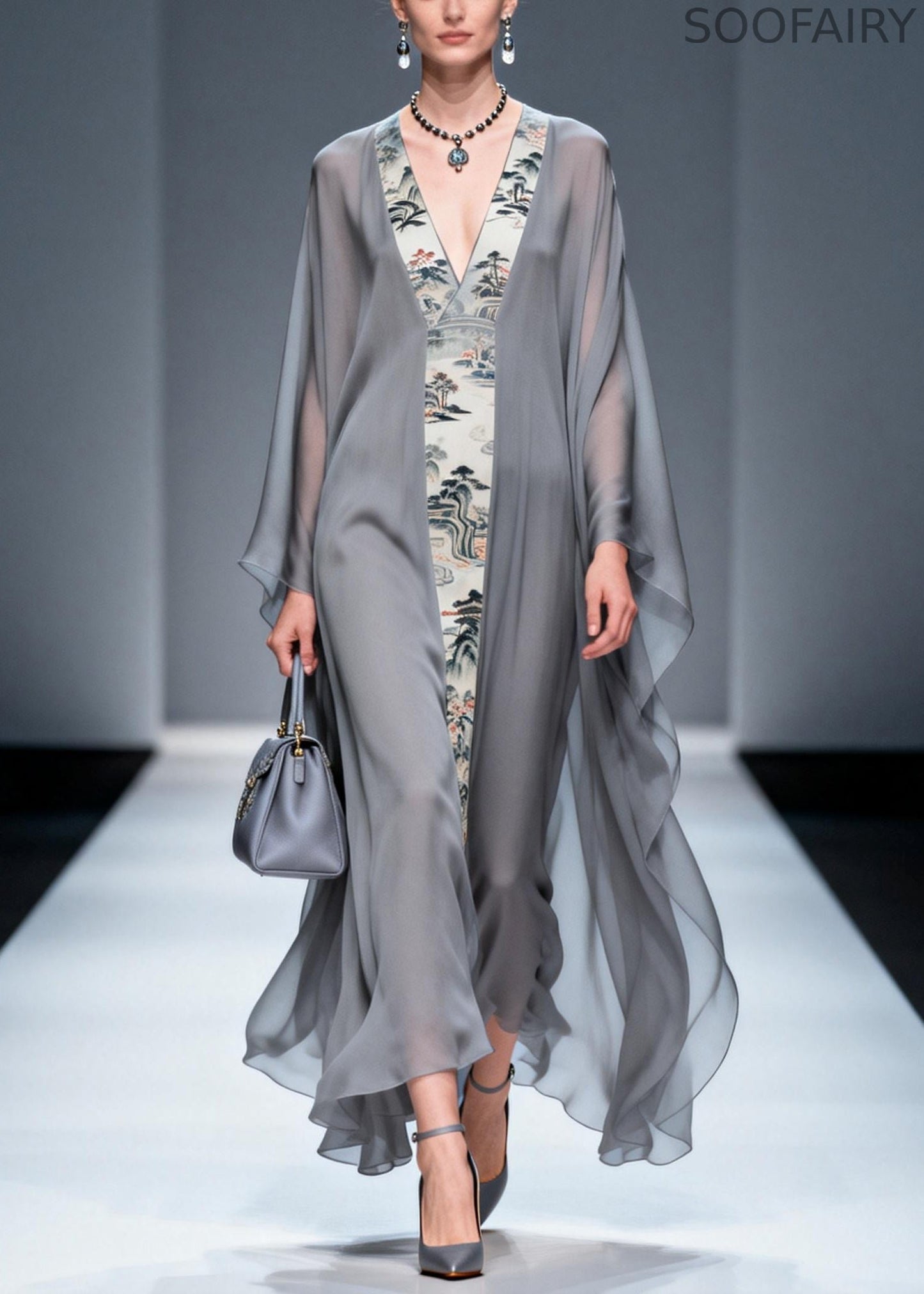 Retro Grey V Neck Patchwork Print Chiffon Maxi Dress Summer