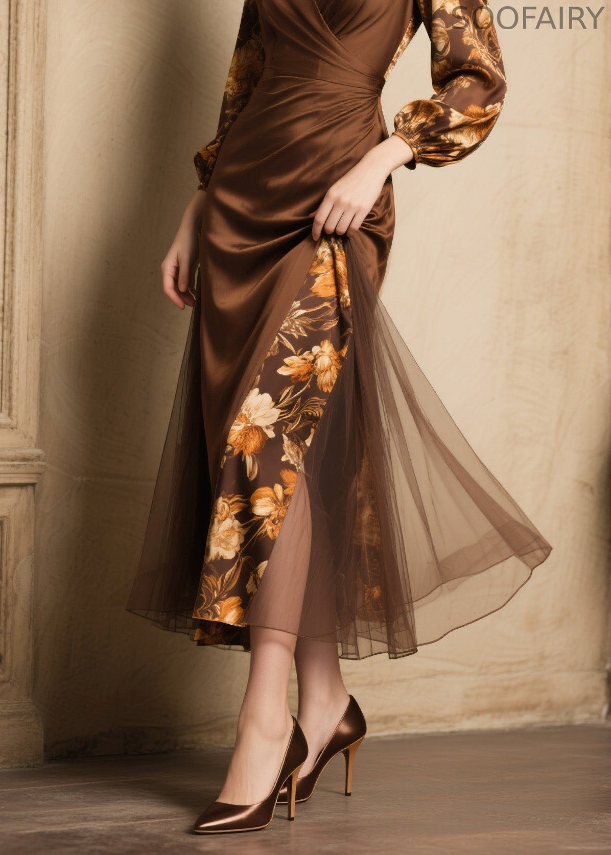 New V Neck Print Tulle Patchwork Silk Dress Spring