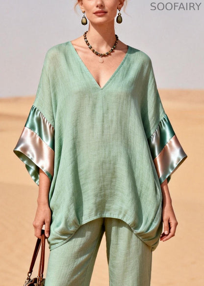 Green Cinched Silk Patchwork Linen Two Pieces Set V Neck Bracelet Sleeve