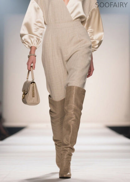 French V Neck Patchwork Linen Silk Jumpsuits Spring